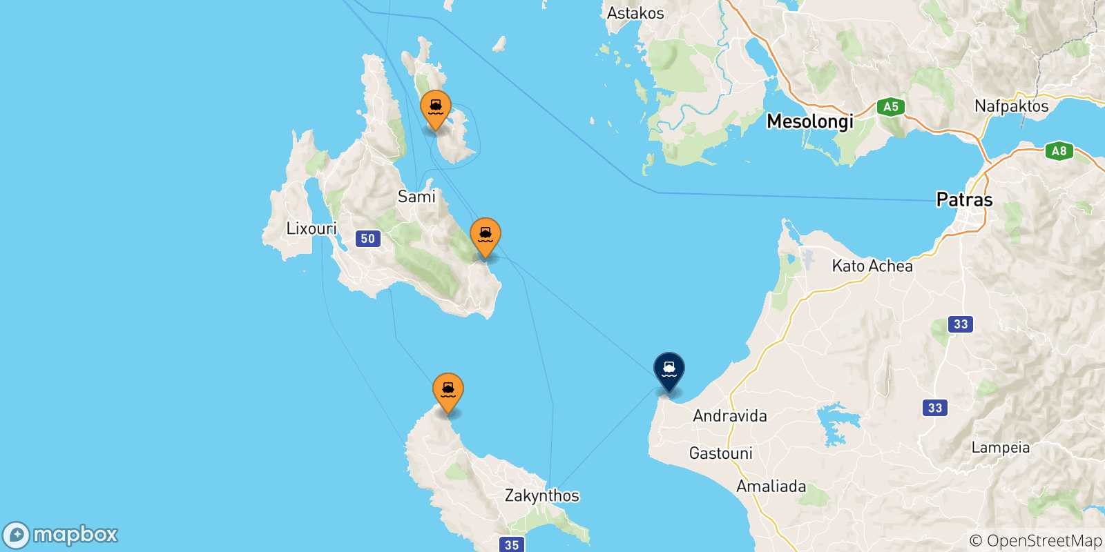 Carte des traversées possibles entre Îles Ioniennes et Kyllini