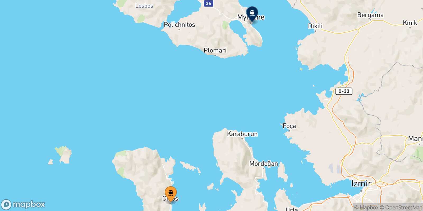 Carte des traverséesMesta Chios Mytilene (Lesvos)