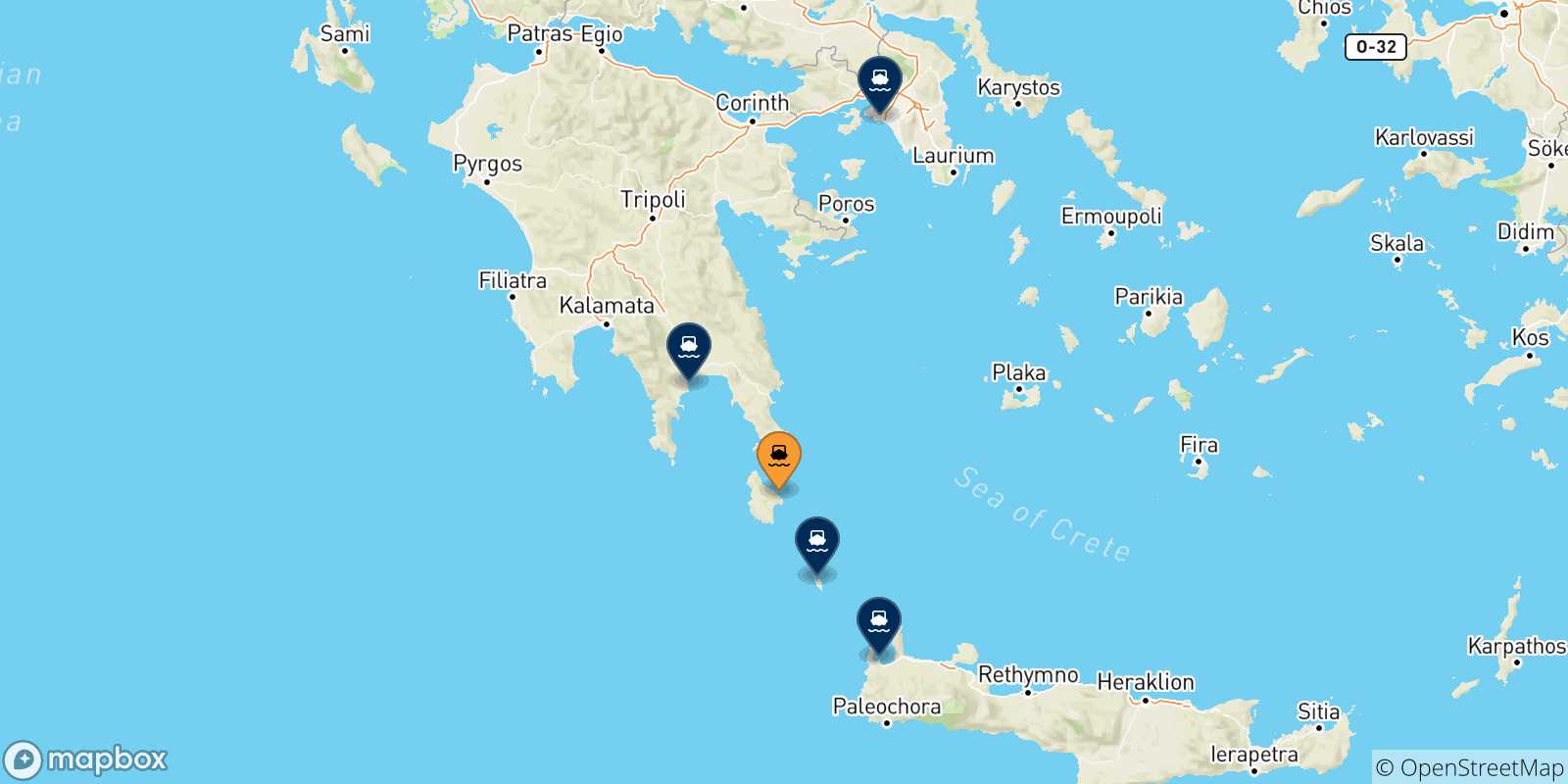 Carte des traversées possibles entre Cythère et la Grèce