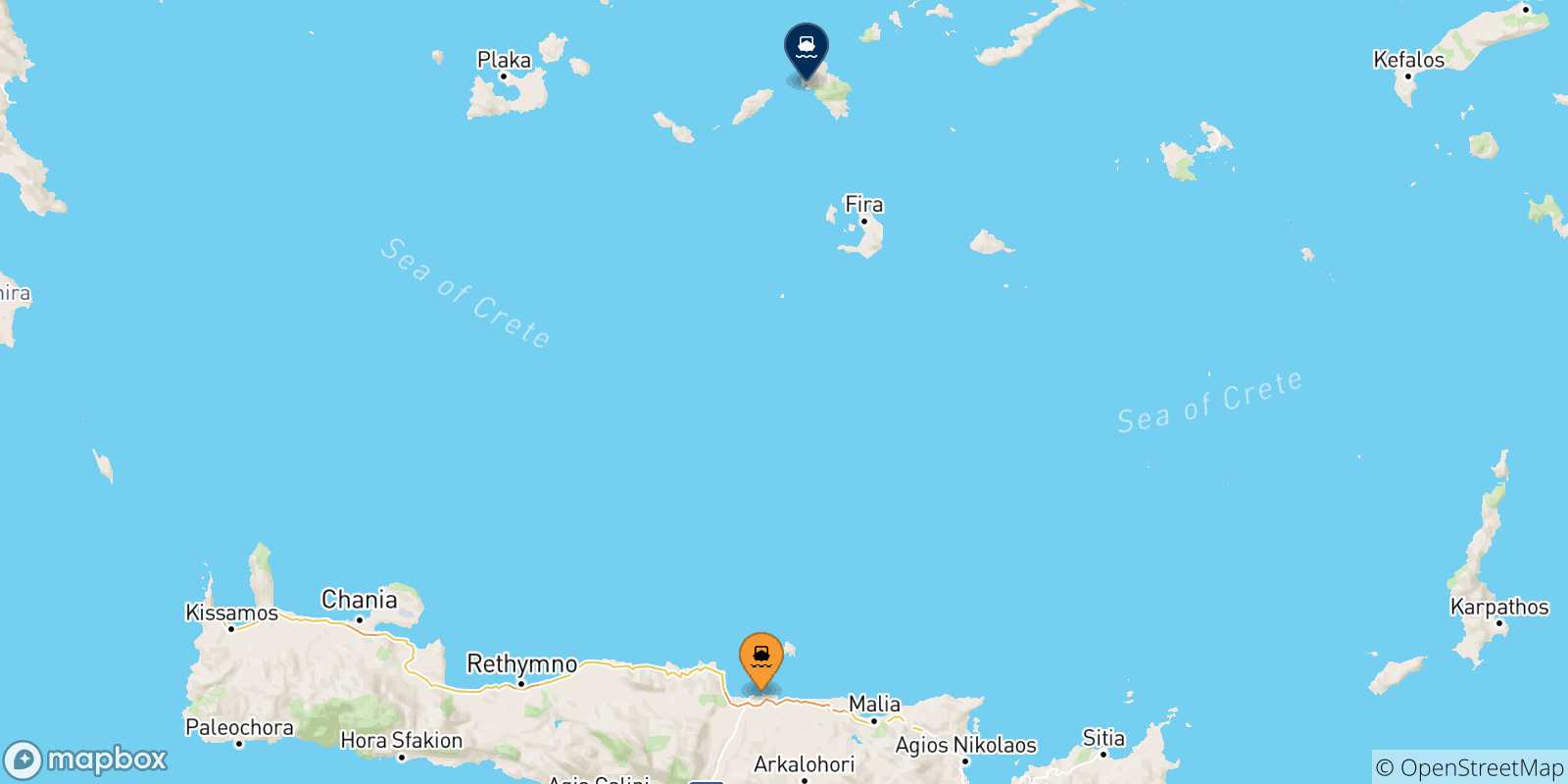 Carte des traversées possibles entre la Crète et Ios