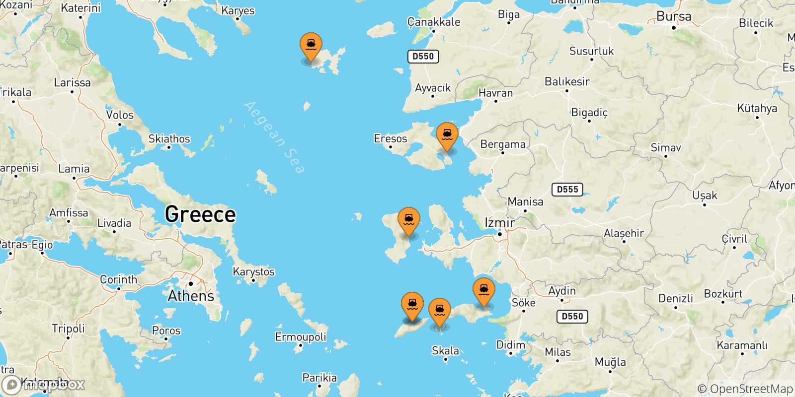 Carte des traversées possibles entre les Îles Égéennes et Karlovassi (Samos)