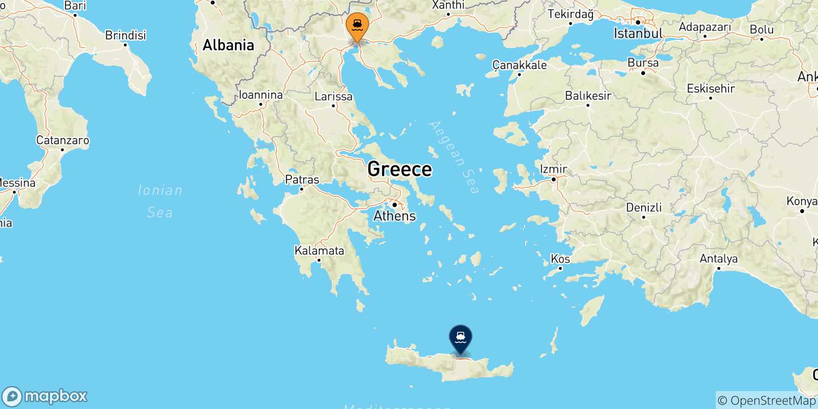 Carte des traversées possibles entre Thessalonique et la Crète