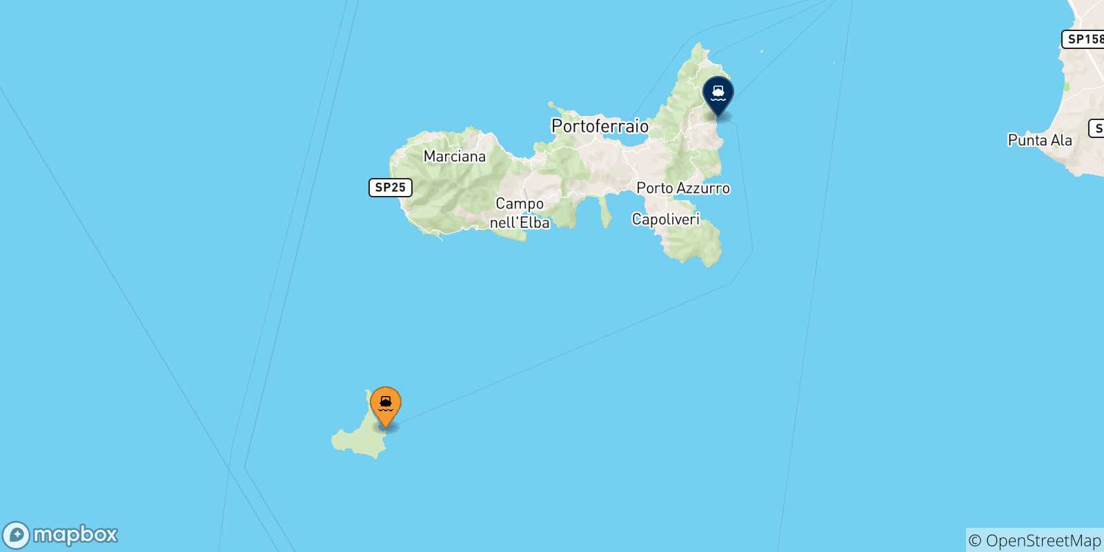 Carte des traversées possibles entre l'Île De Pianosa et l'Île D'elbe