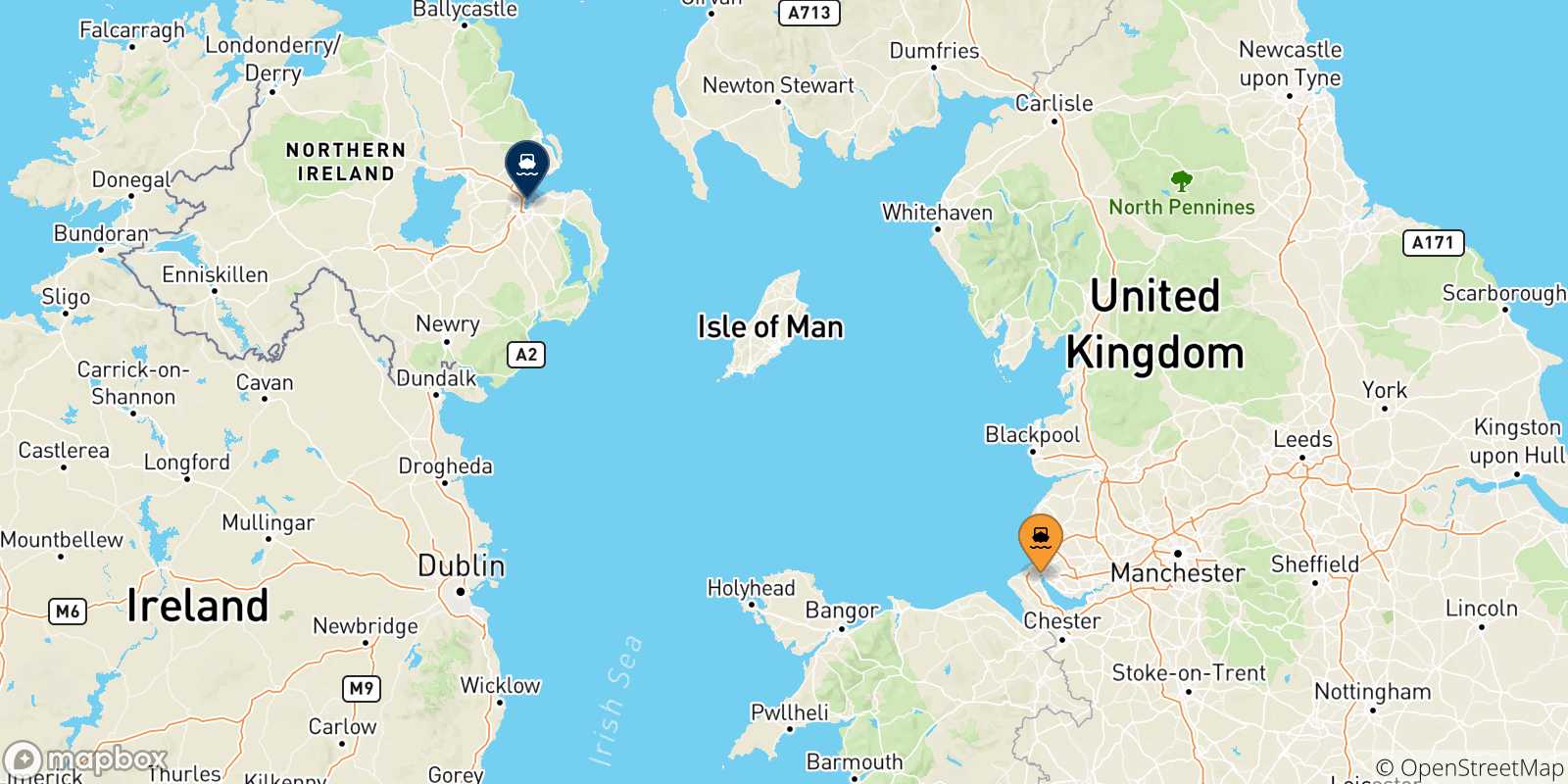 Carte des traversées possibles entre Liverpool Birkenhead et le Royaume-uni