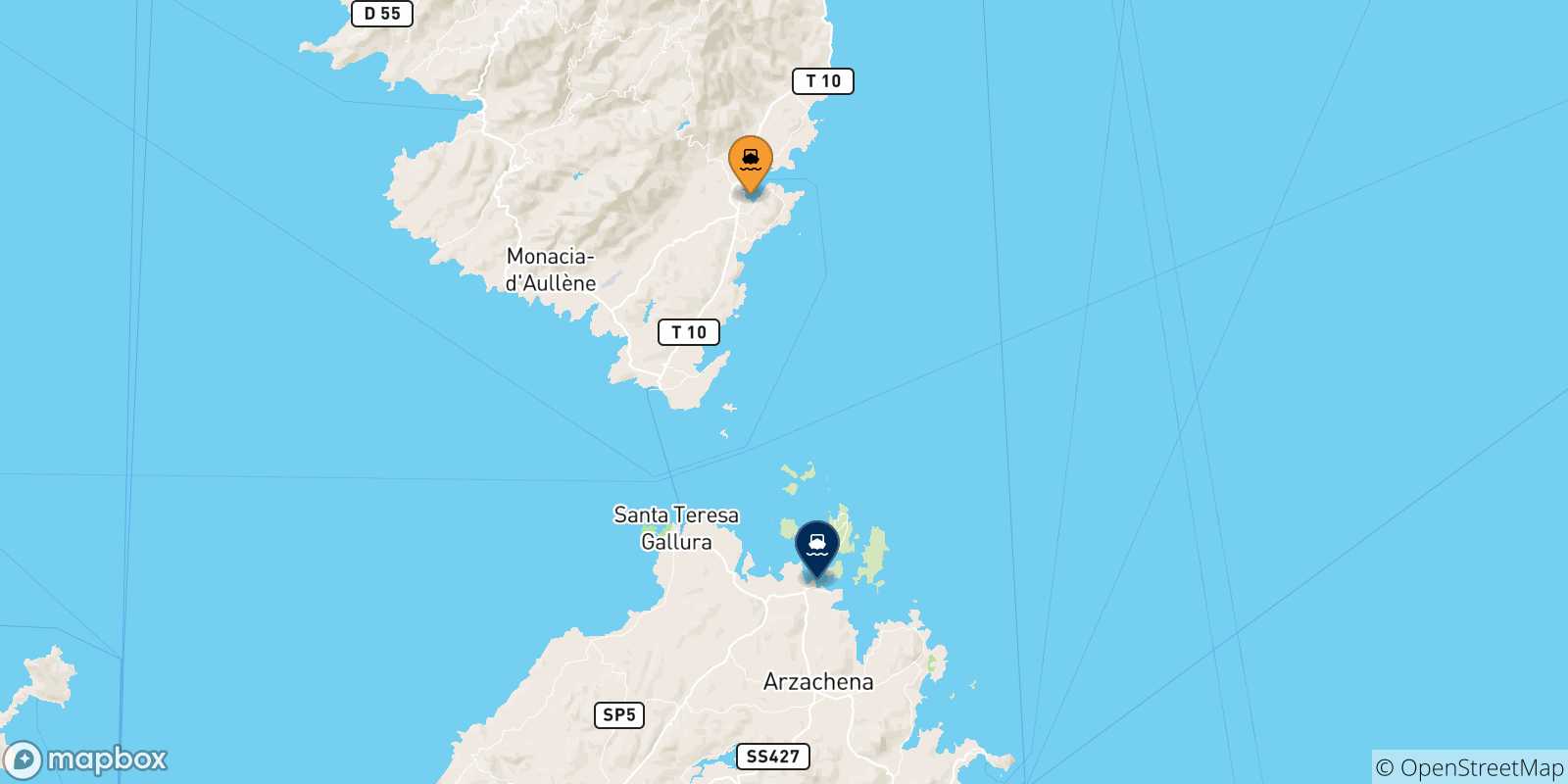 Carte des traversées possibles entre la Corse et Golfo Aranci