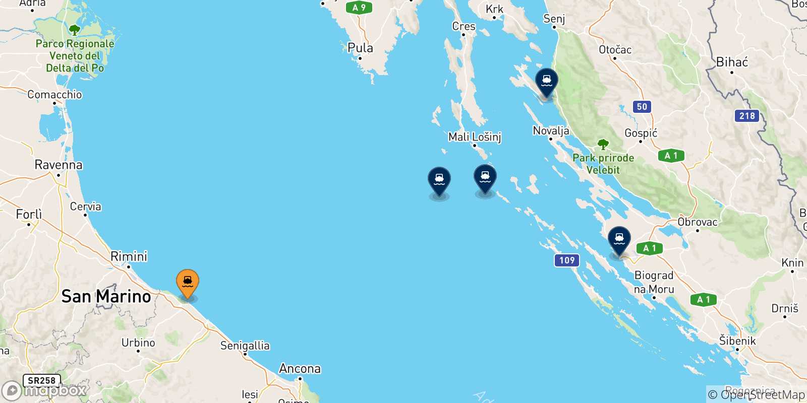 Carte des traversées possibles entre Pesaro et la Croatie