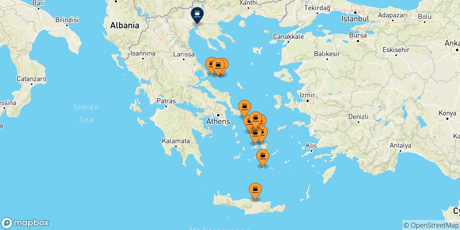 Carte des traversées possibles entre la Grèce et Thessalonique