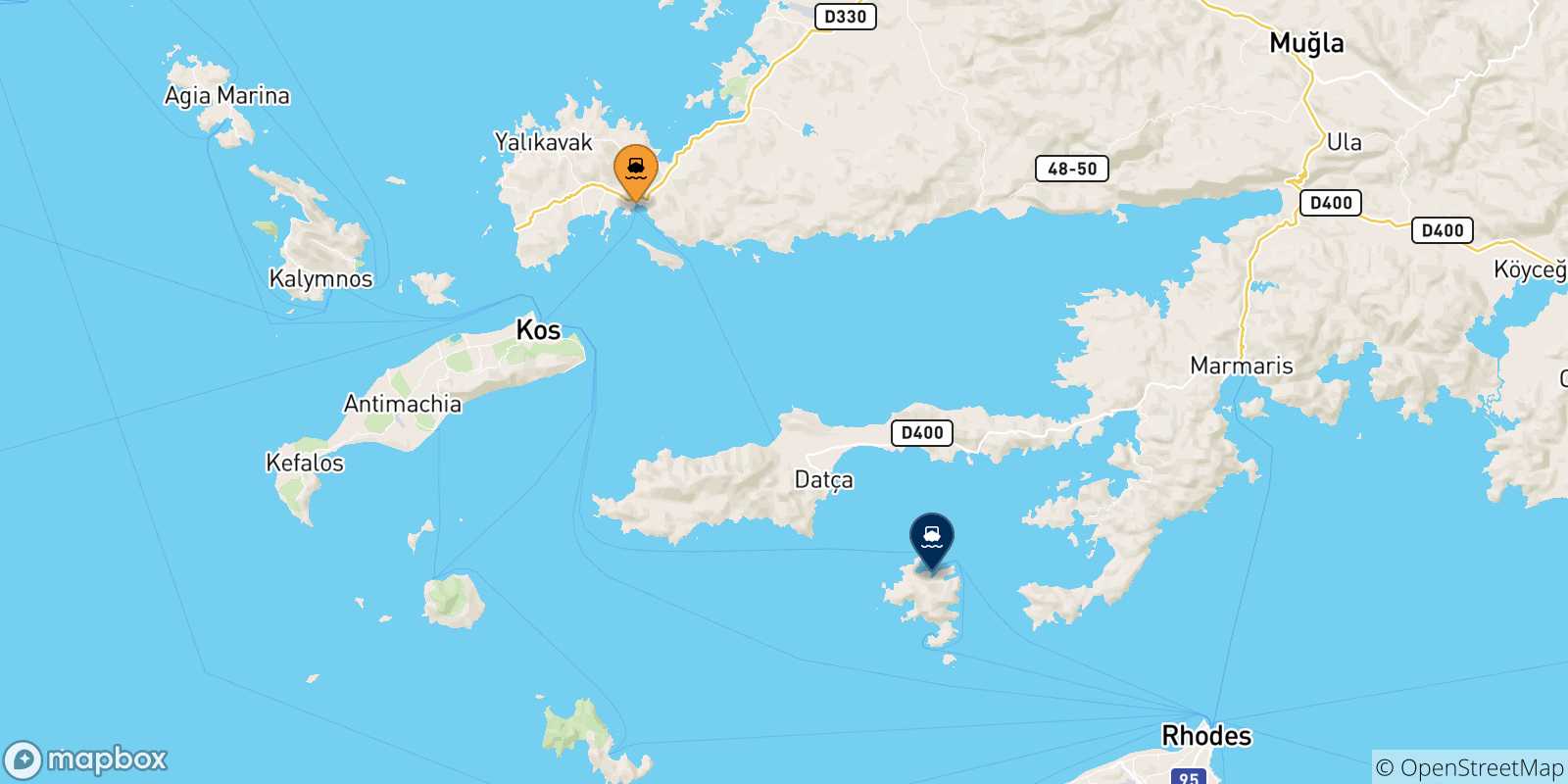 Carte des traversées possibles entre la Turquie et Symi