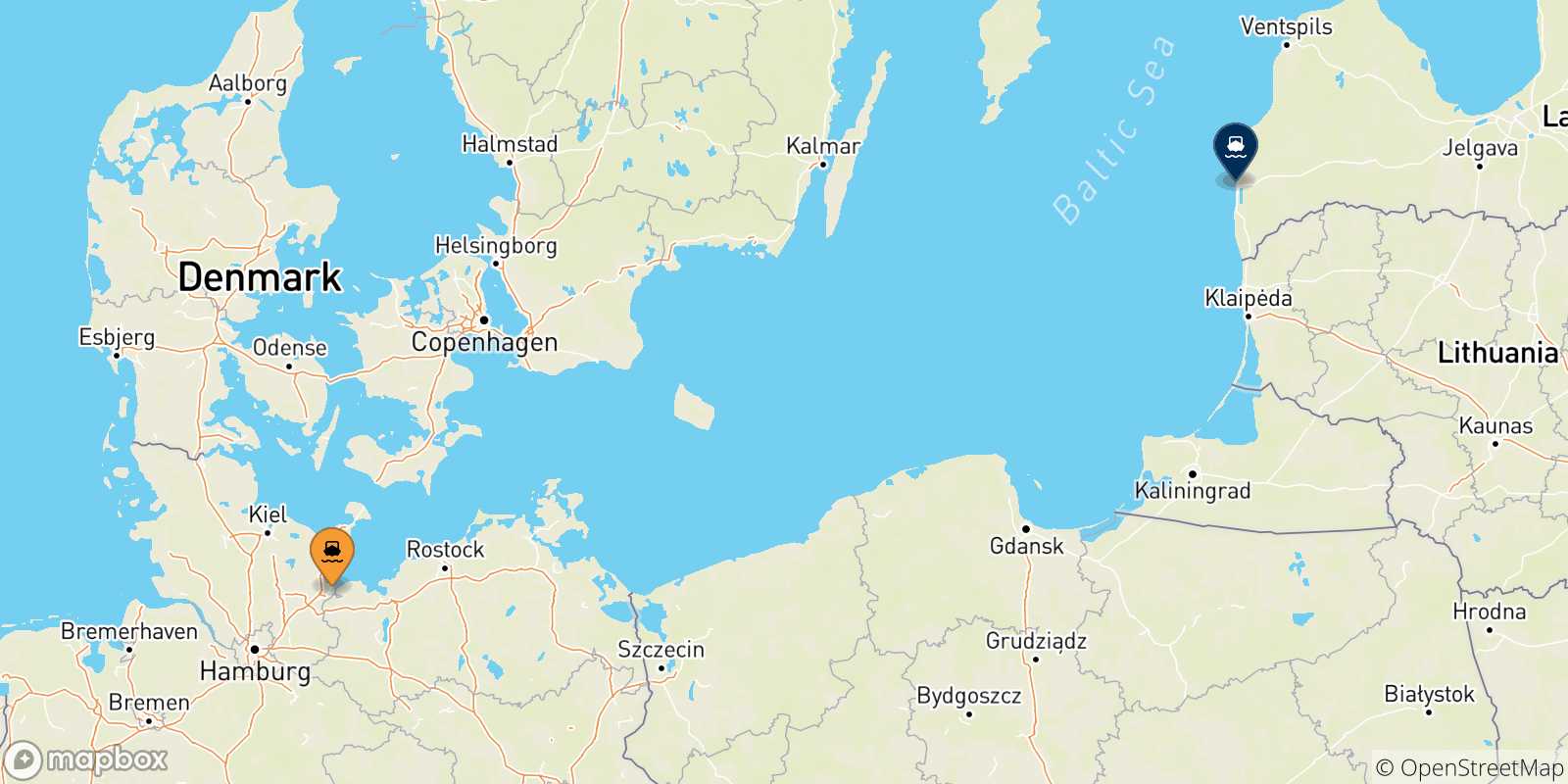 Carte des traversées possibles entre l'Allemagne et Liepaja