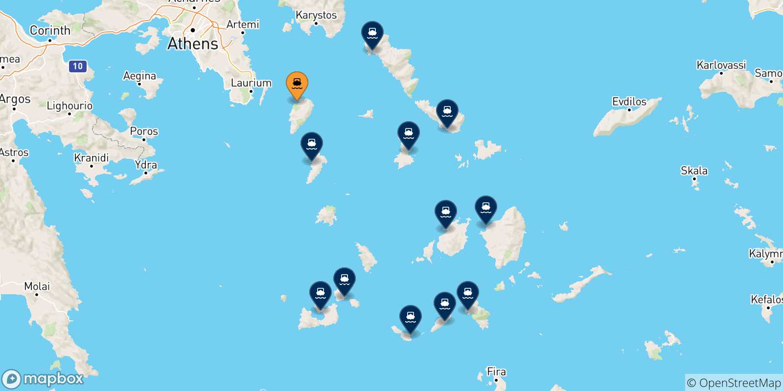 Carte des traversées possibles entre Kea et Îles Des Cyclades