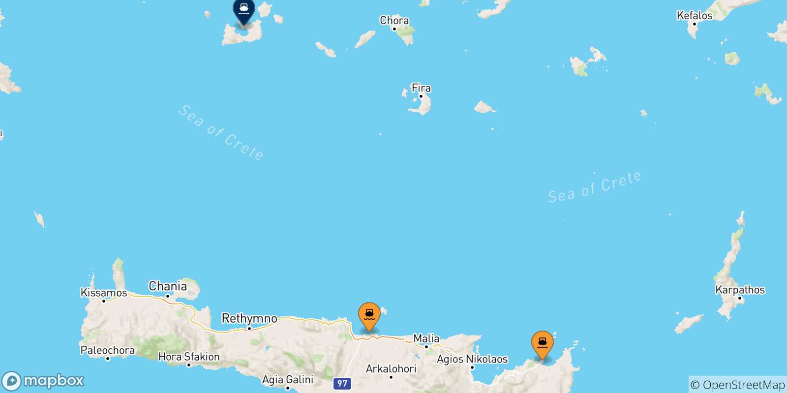 Carte des traversées possibles entre la Crète et Milos