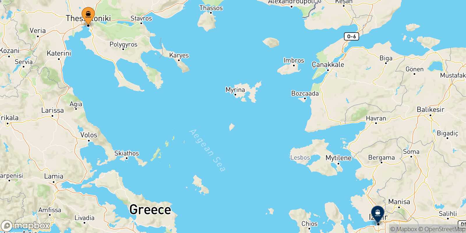 Carte des destinations de Thessalonique