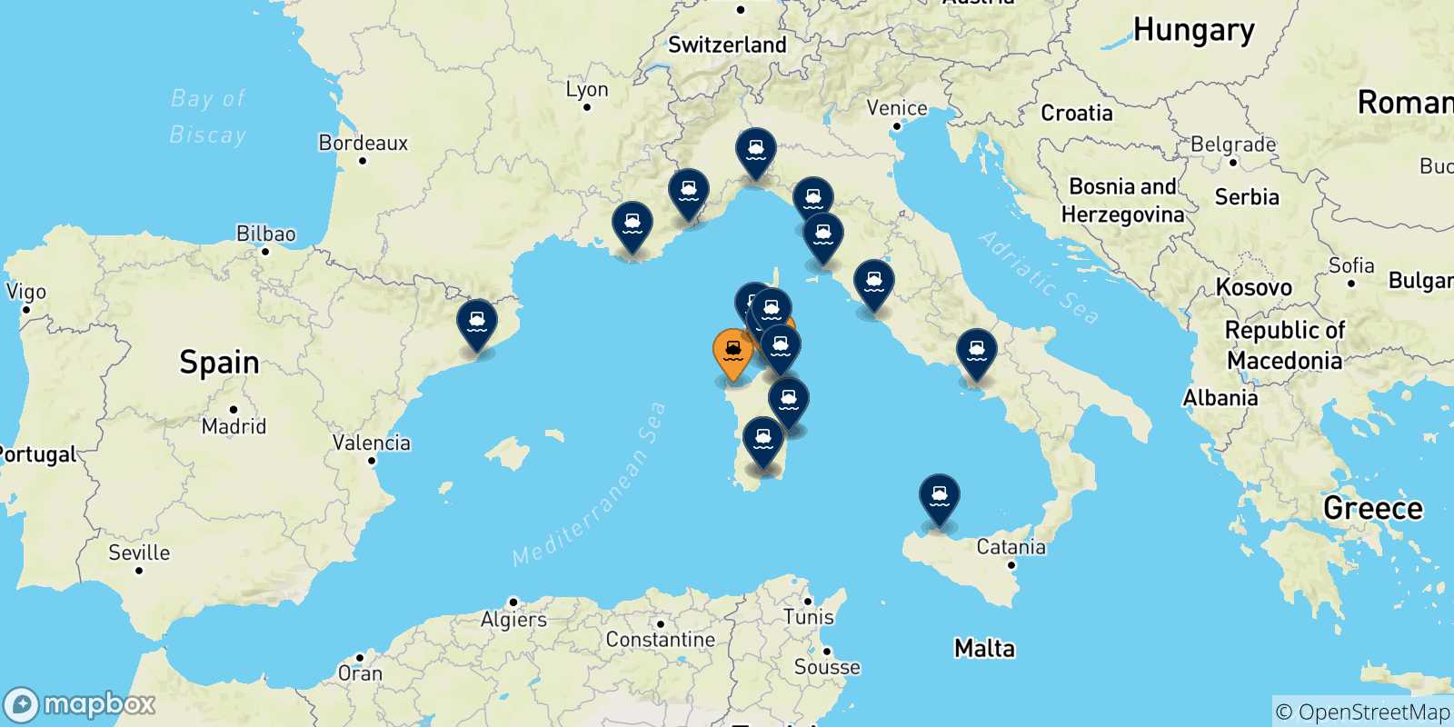 Carte des destinations de la Sardaigne
