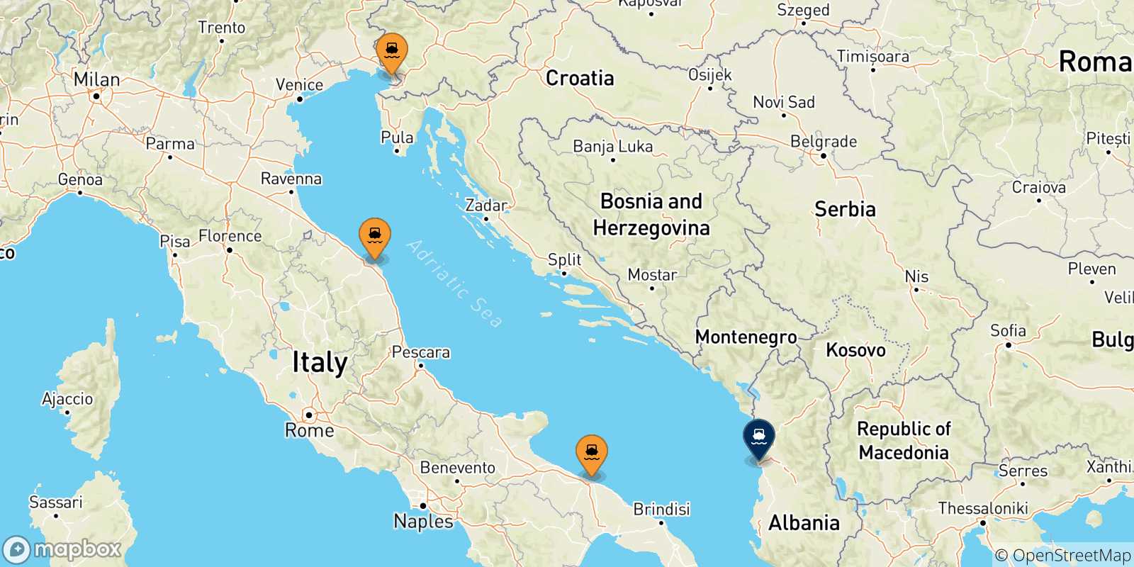 Carte des traversées possibles entre l'Italie et Durres