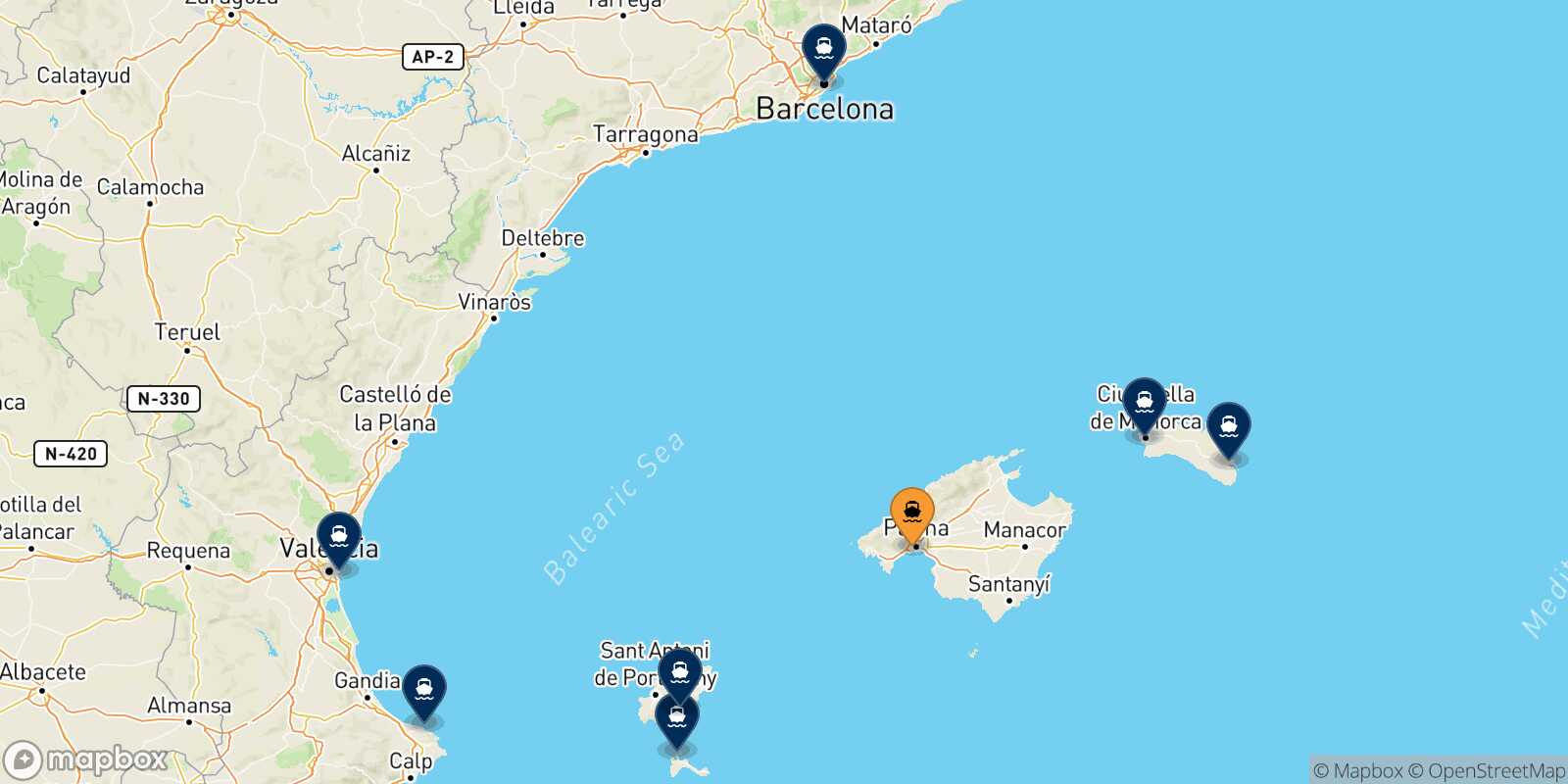Carte des destinations de Palma Di Majorque