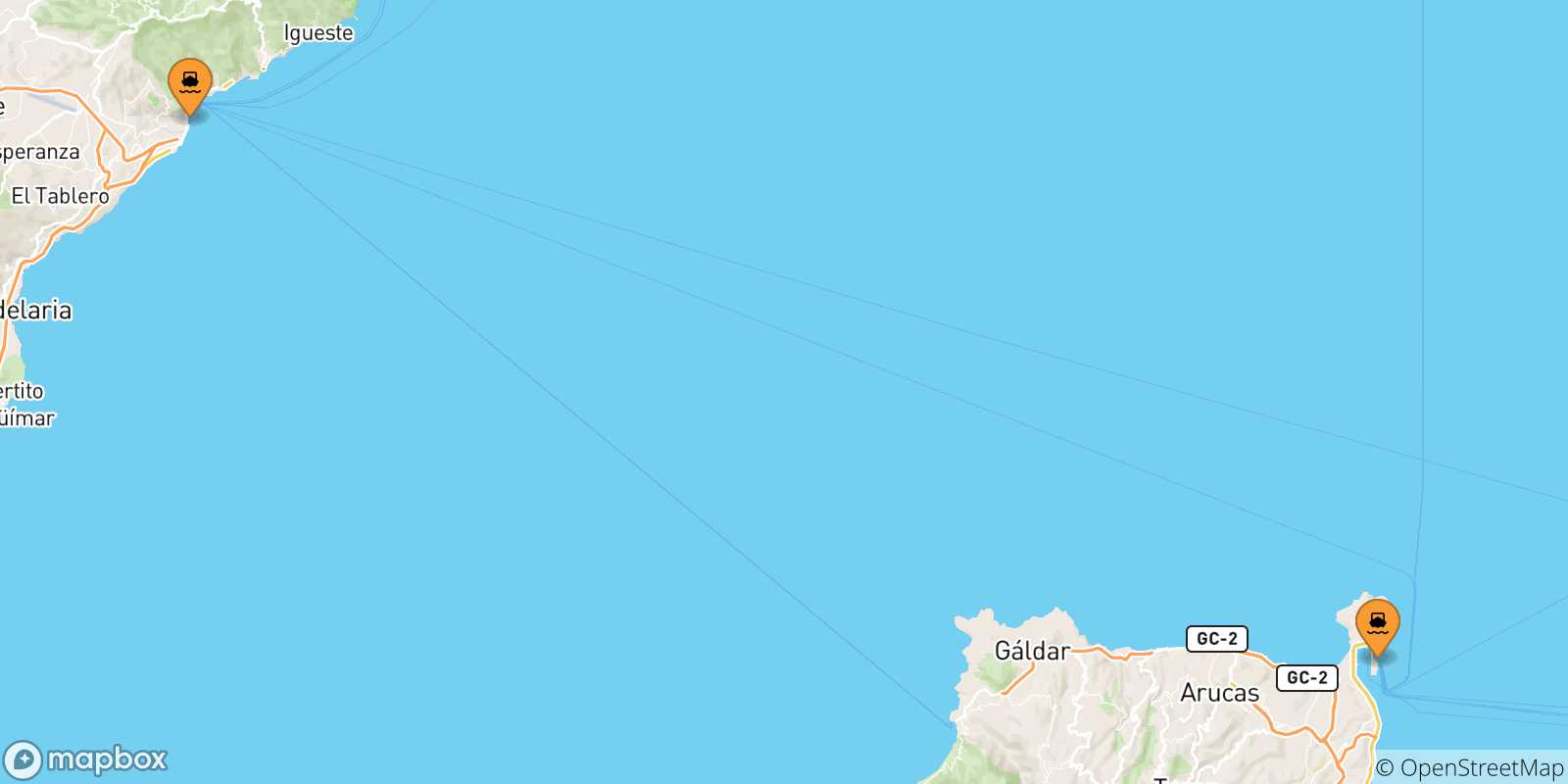 Carte des traversées possibles entre les Îles Canaries et Morro Jable (Fuerteventura)