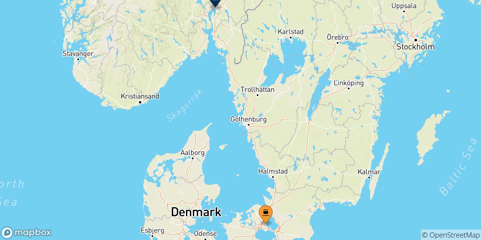 Carte des traversées possibles entre le Danemark et Oslo