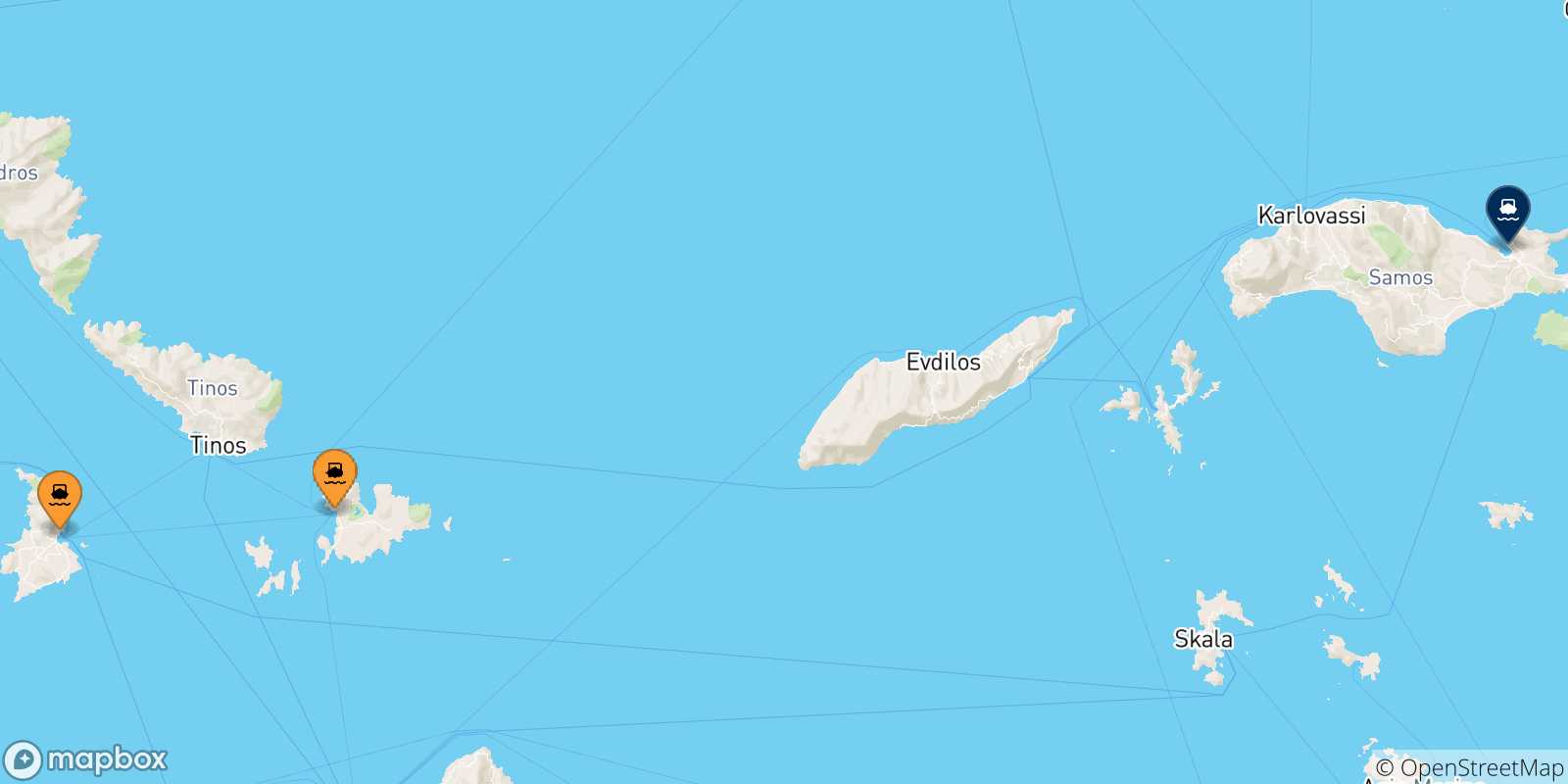 Carte des traversées possibles entre Îles Des Cyclades et Vathi (Samos)