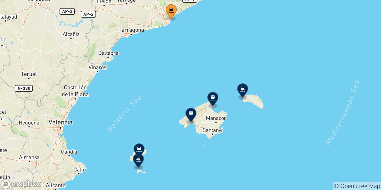 Carte des traversées possibles entre Barcelone et l'Espagne