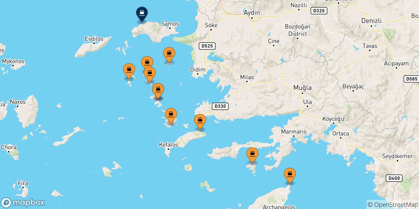 Carte des traversées possibles entre Îles Du Dodécanèse et Pythagorio (Samos)