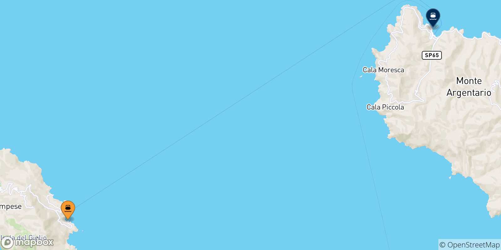 Carte des traversées possibles entre l'Italie et Porto Santo Stefano