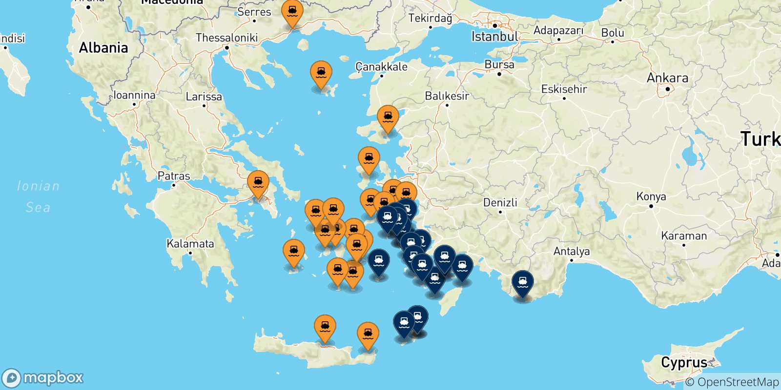 Carte des traversées possibles entre la Grèce et Îles Du Dodécanèse