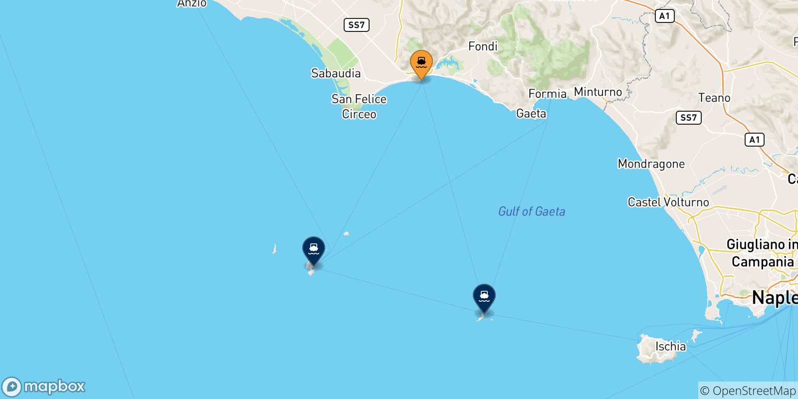 Carte des traversées possibles entre Terracina et Îles Pontines