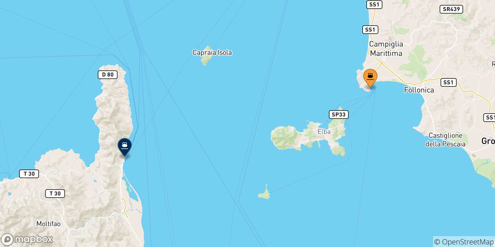 Carte des traversées possibles entre Piombino et la Corse