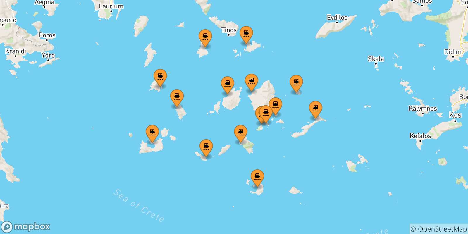 Carte des traversées possibles entre Îles Des Cyclades et Katapola (Amorgos)