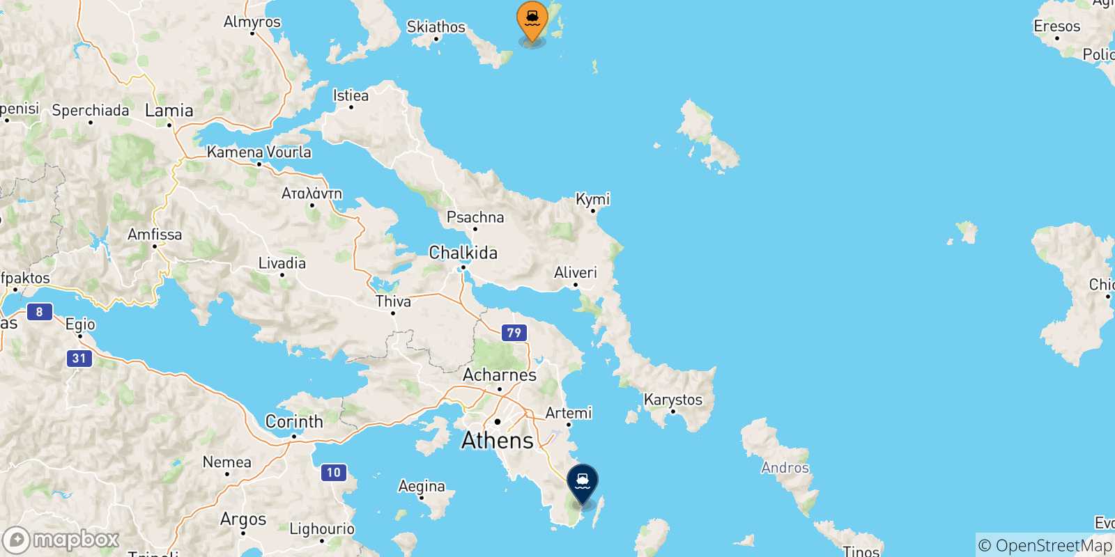 Carte des traversées possibles entre les Îles Sporades et Lavrio