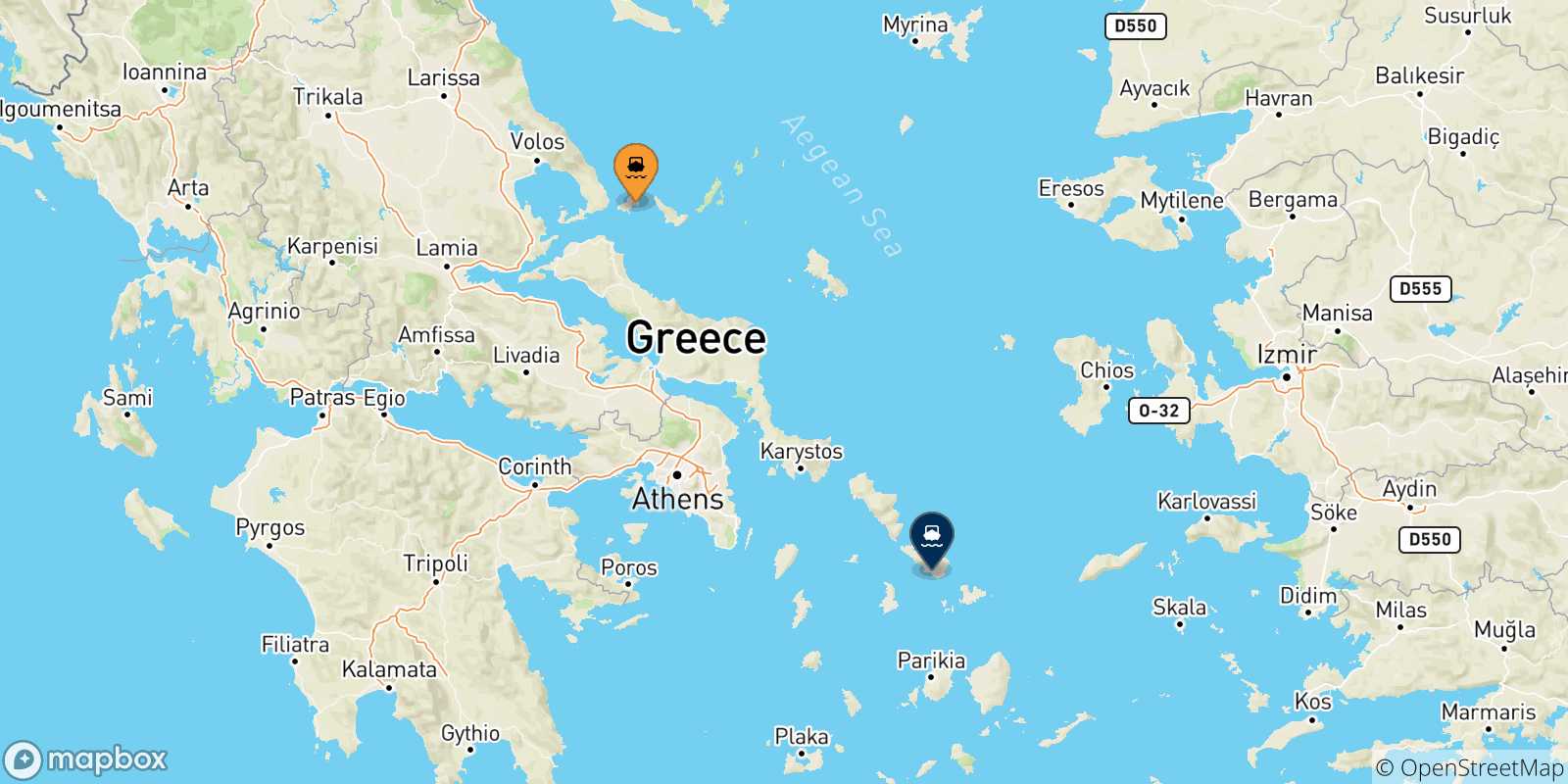 Carte des traversées possibles entre les Îles Sporades et Tinos