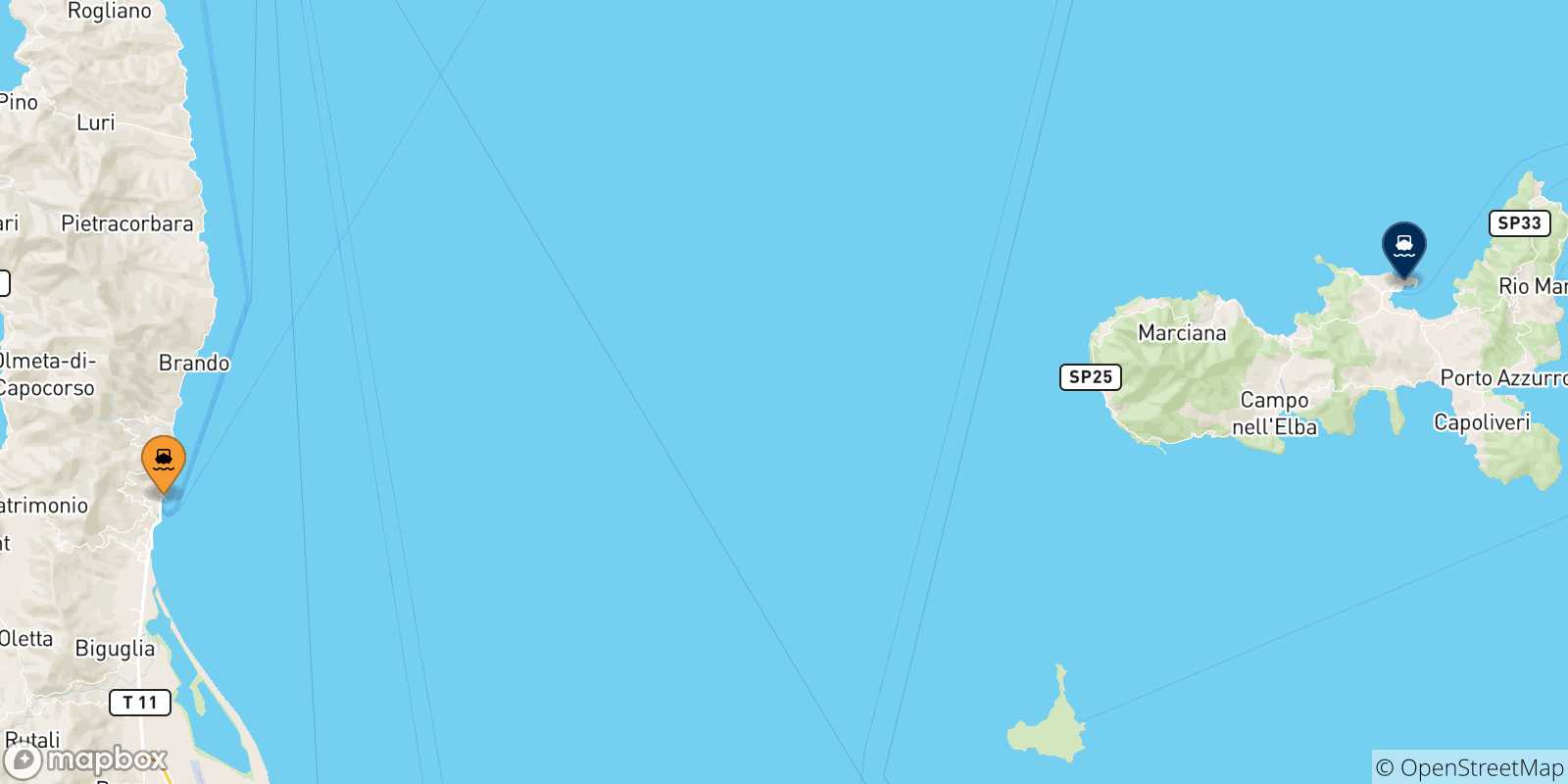 Carte des traversées possibles entre la Corse et Portoferraio