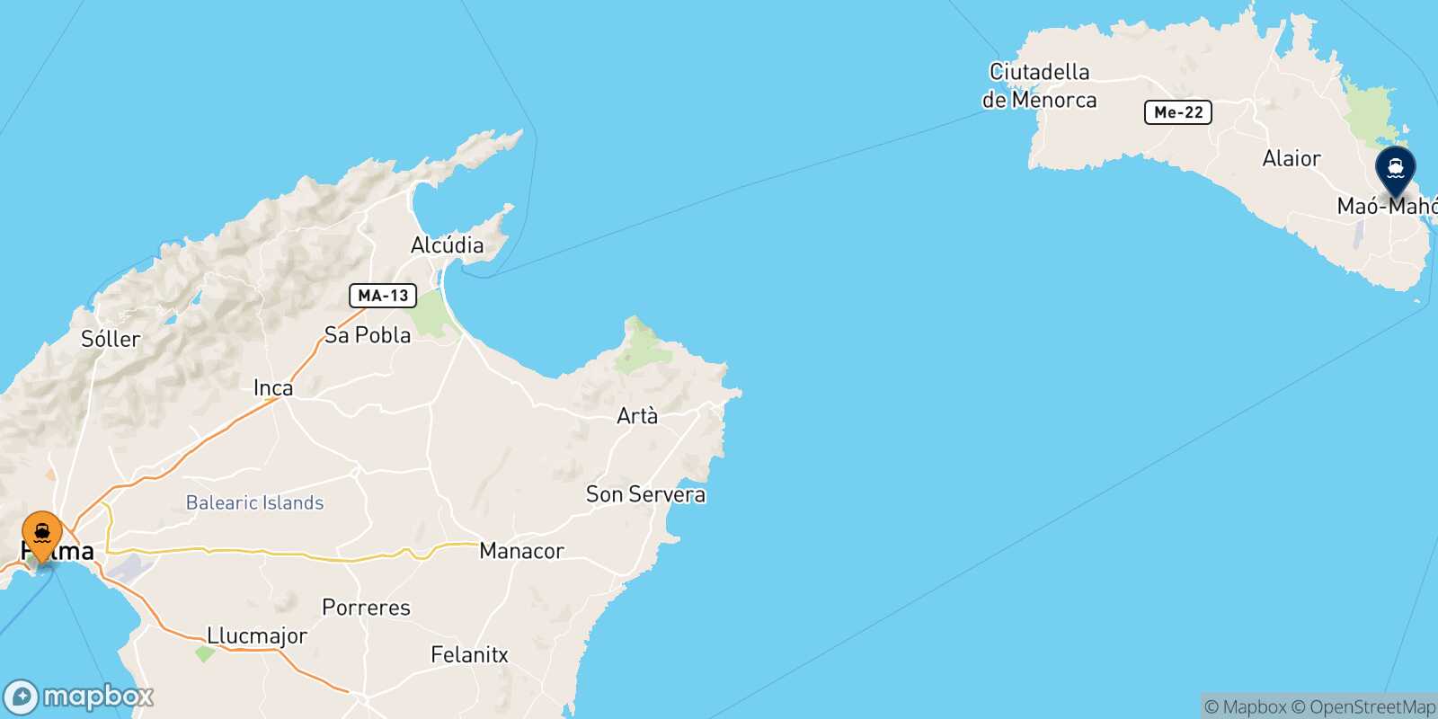Carte des traverséesPalma Di Majorque Mahon (Minorque)