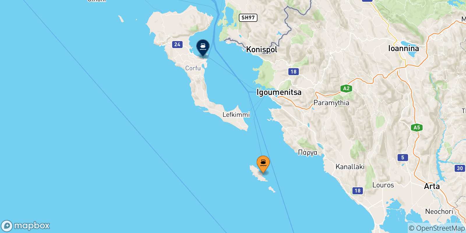 Carte des traversées possibles entre Paxos et Îles Ioniennes