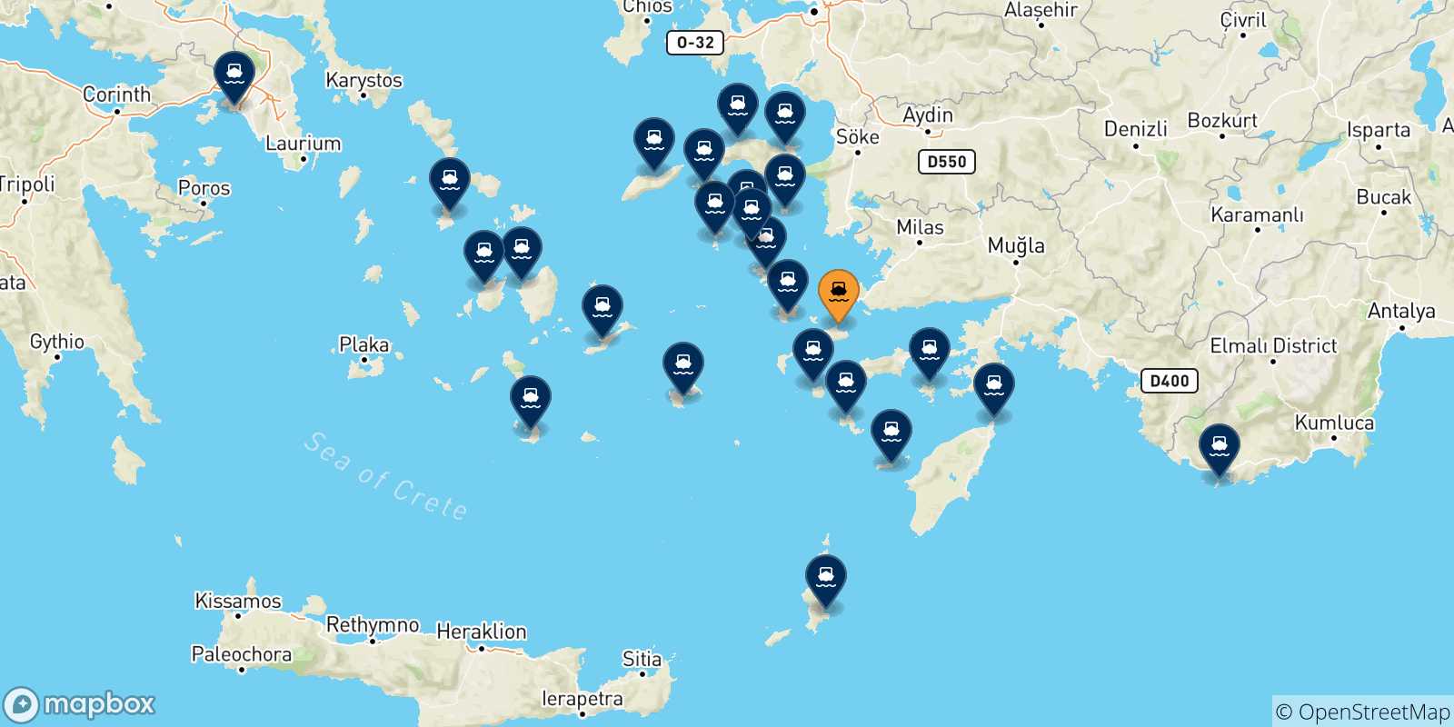 Carte des traversées possibles entre Kos et la Grèce