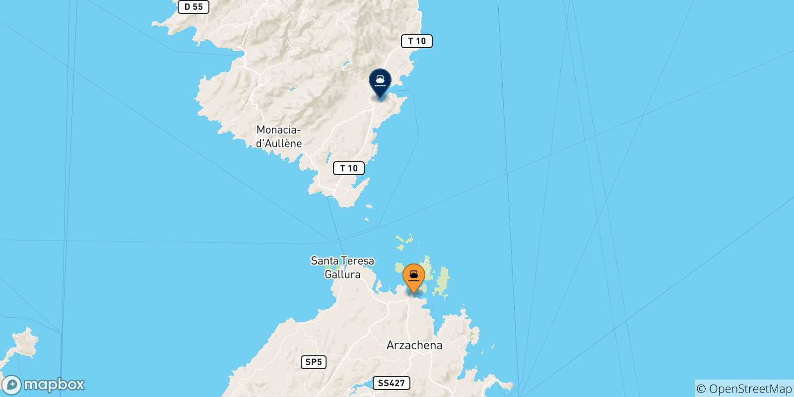 Carte des traversées possibles entre Golfo Aranci et la Corse