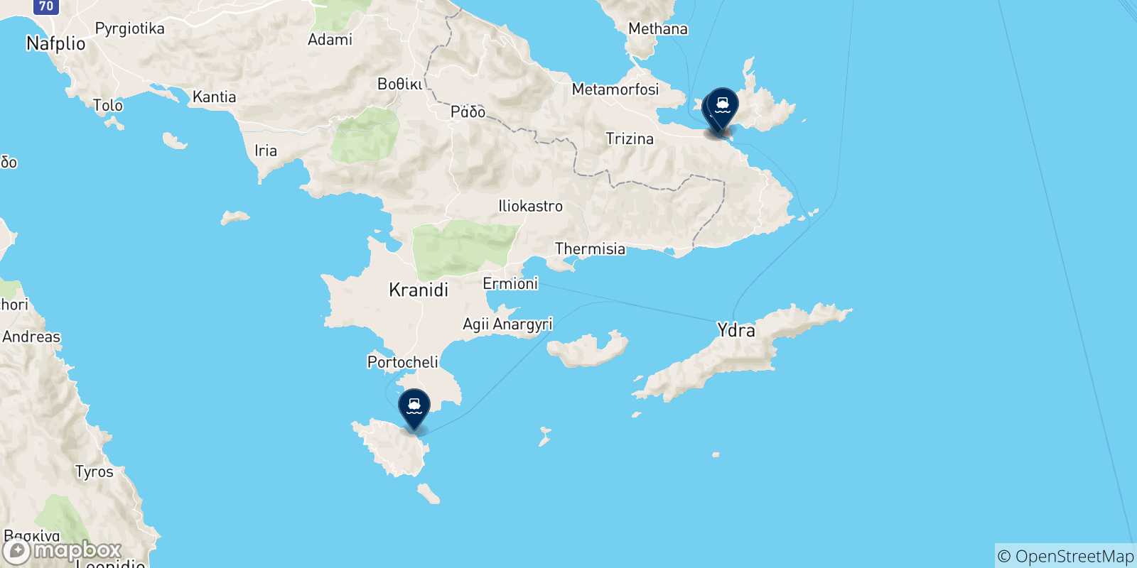 Carte des traversées possibles entre Hermione et les Îles Saroniques