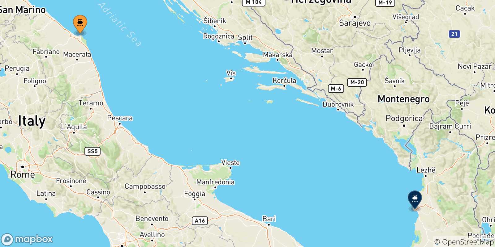 Carte des traversées possibles entre Ancône et l'Albanie