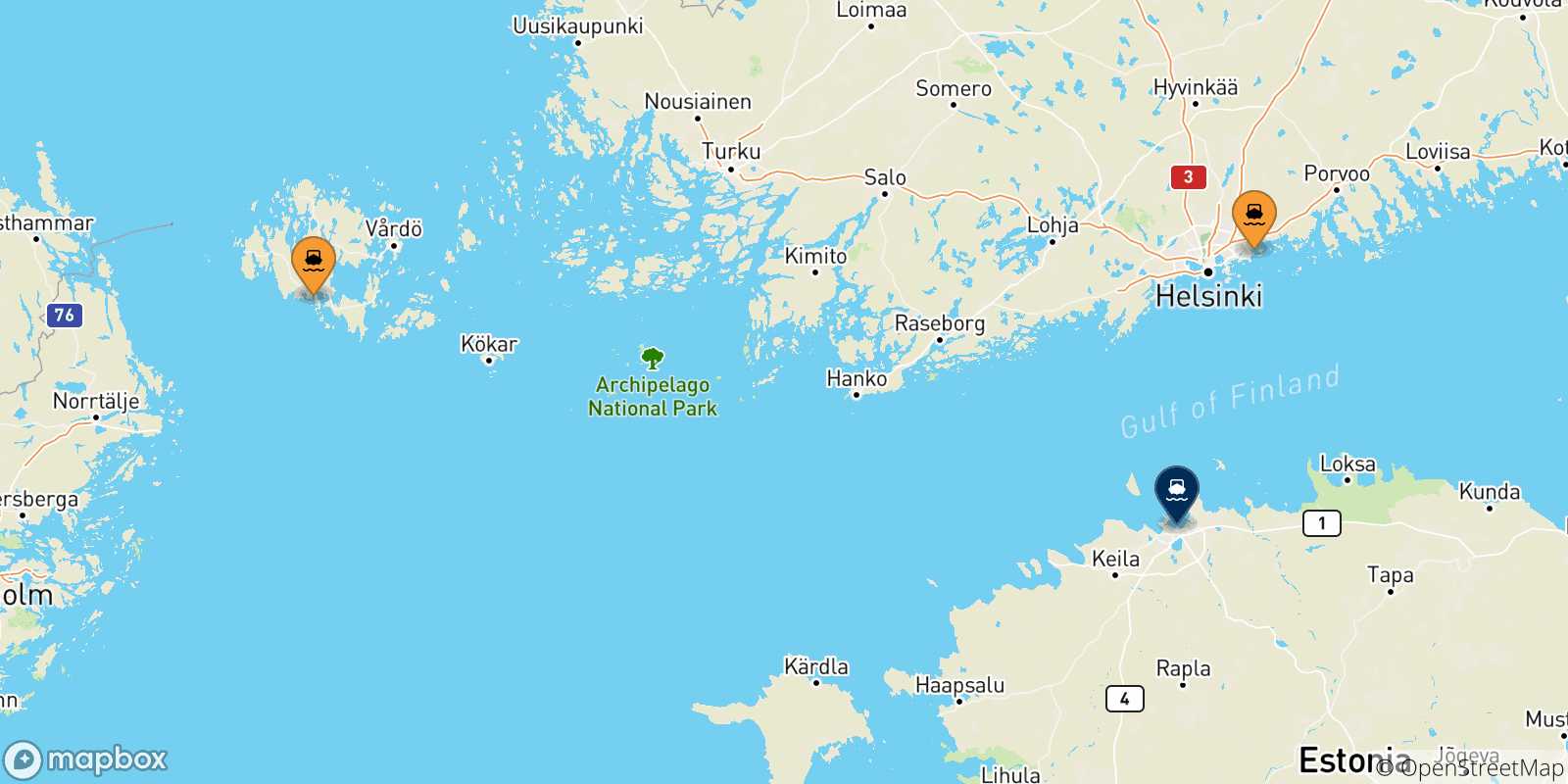 Carte des traversées possibles entre la Finlande et l'Estonie