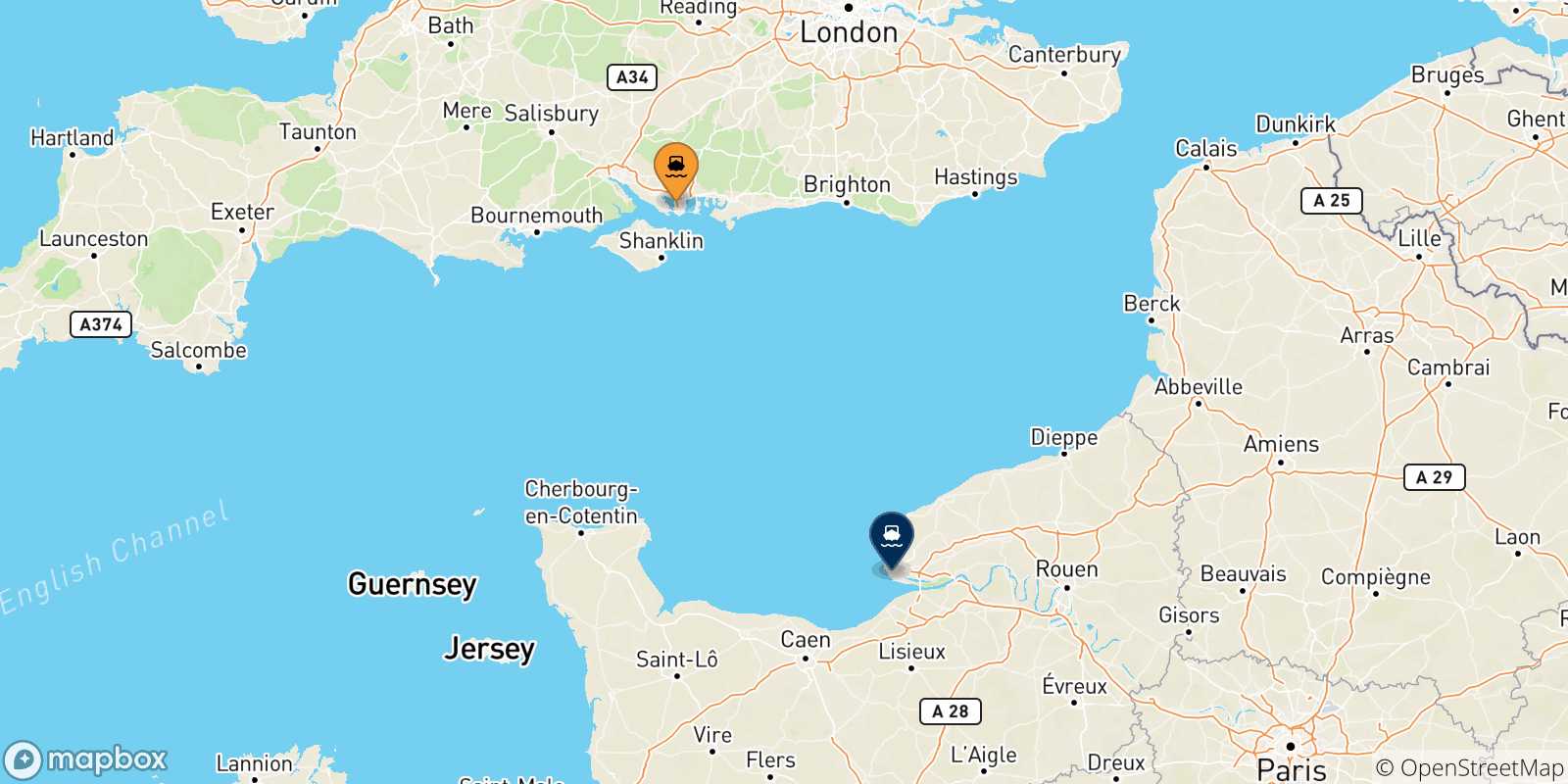 Carte des traversées possibles entre le Royaume-uni et Le Havre