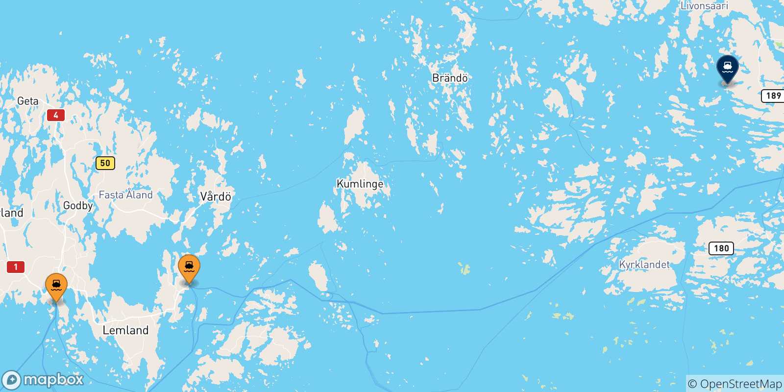 Carte des traversées possibles entre la Finlande et Turku