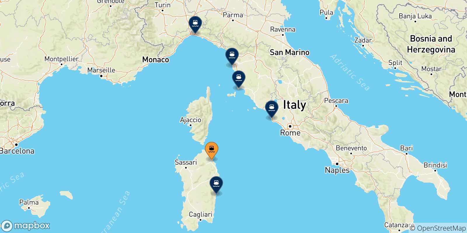 Carte des traversées possibles entre Olbia et l'Italie