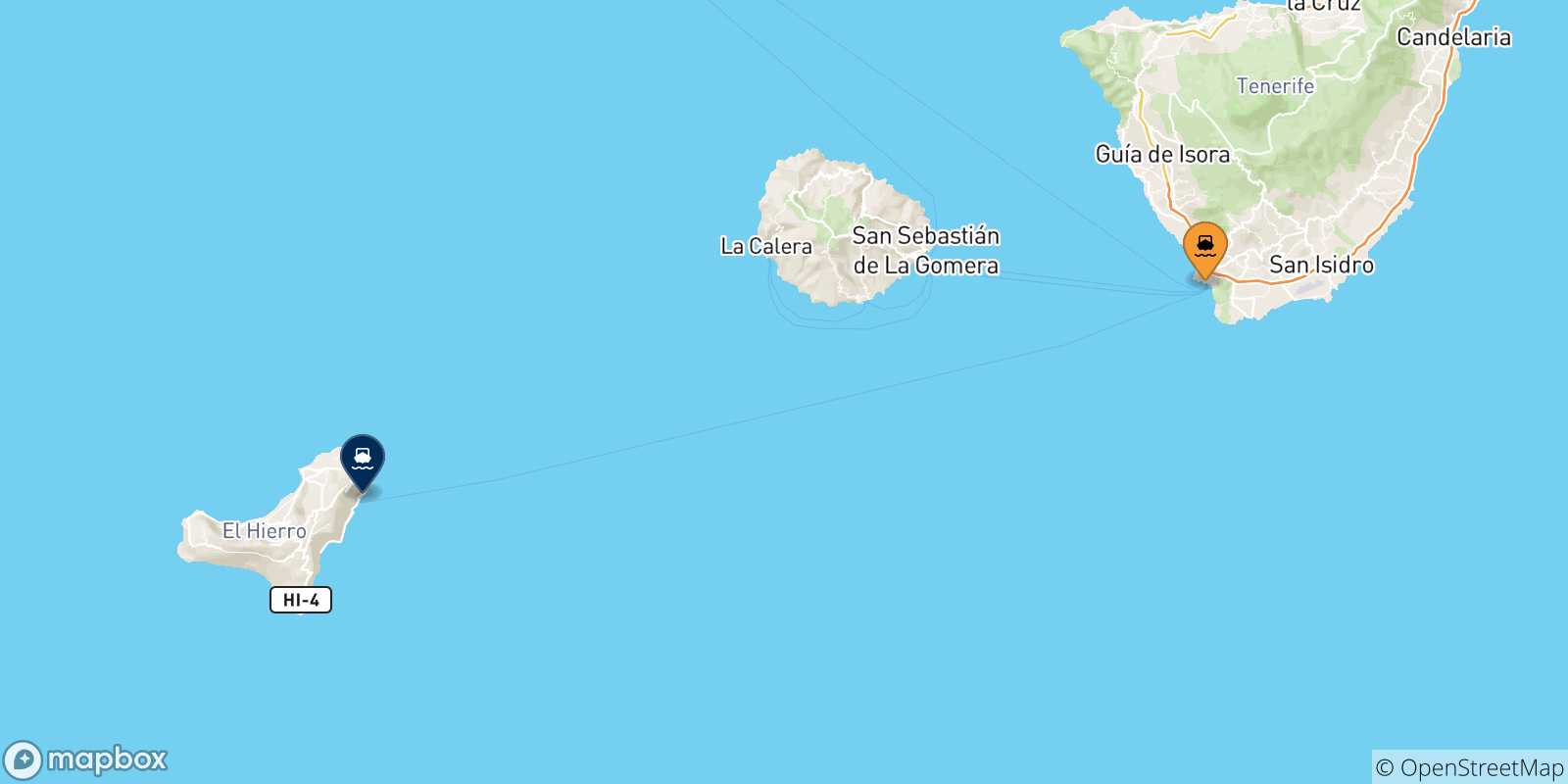 Carte des traversées possibles entre Los Cristianos (Tenerife) et l'Espagne