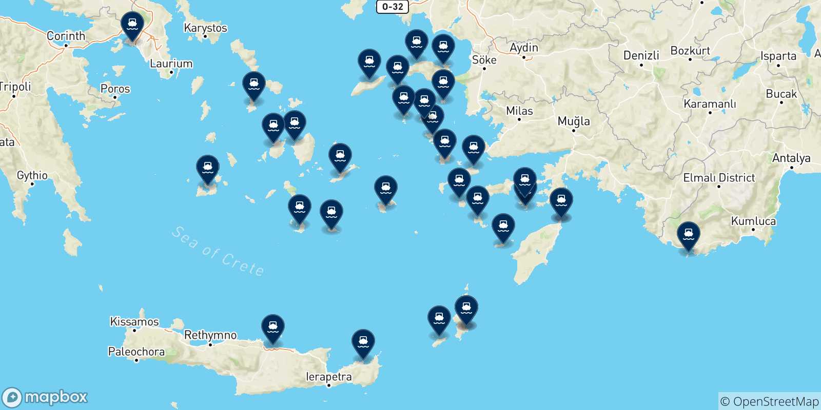 Carte des traversées possibles entre Rhodes et la Grèce