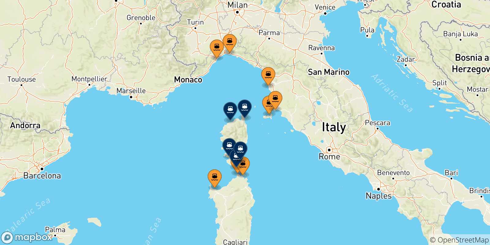 Carte des traversées possibles entre l'Italie et la Corse
