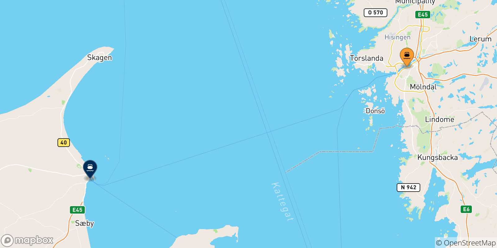 Carte des traversées possibles entre Goteborg et le Danemark