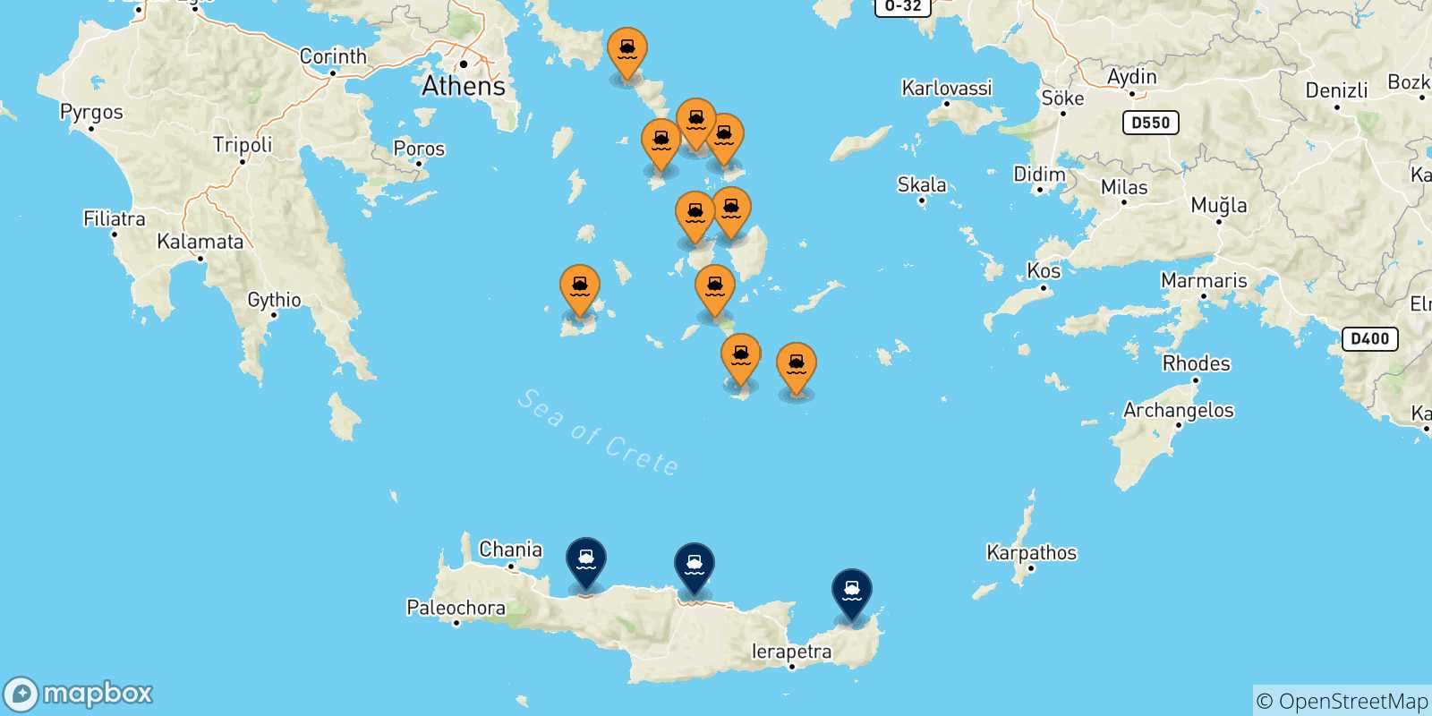 Carte des traversées possibles entre Îles Des Cyclades et la Crète