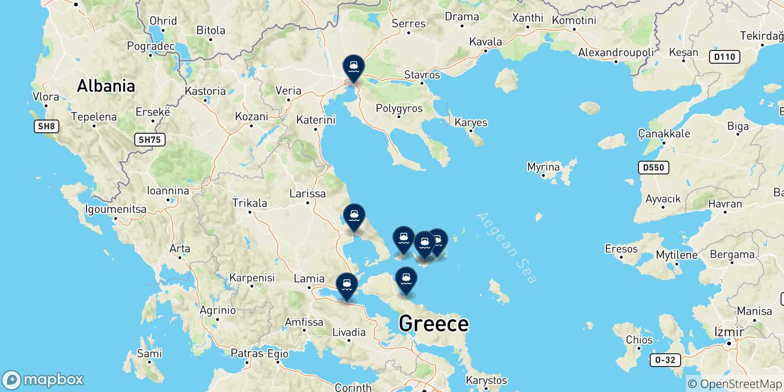 Carte des traversées possibles entre Skopelos et la Grèce