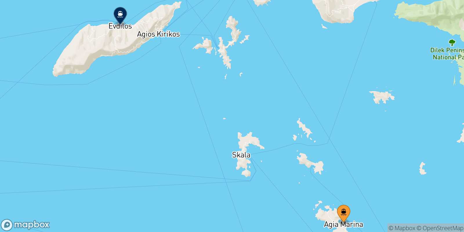Carte des traverséesLeros Agios Kirikos (Ikaria)