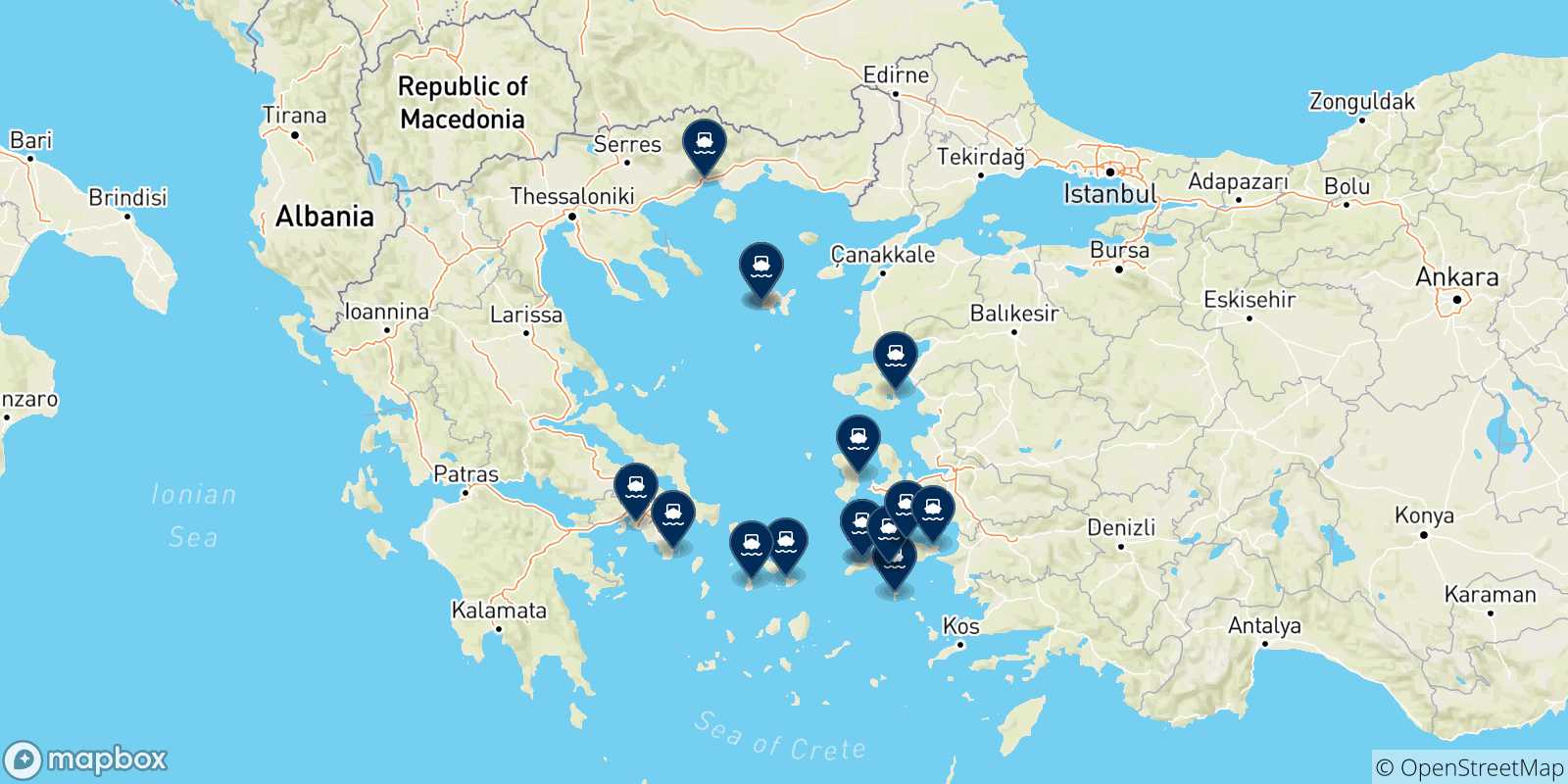 Carte des traversées possibles entre Myrina (Limnos) et la Grèce